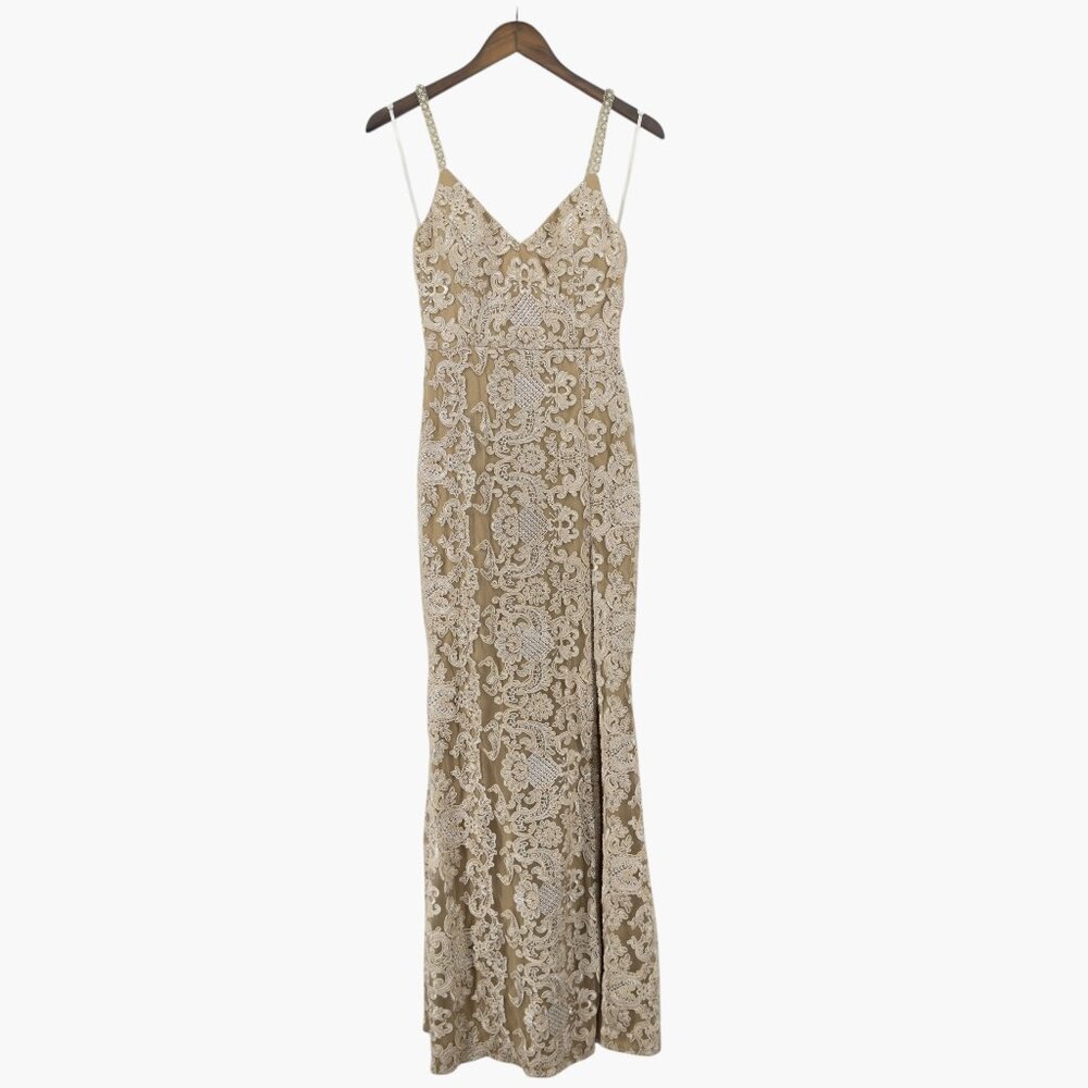 House of Maguie‎ Gold Embroidered Fitted Maxi Dress Size Small